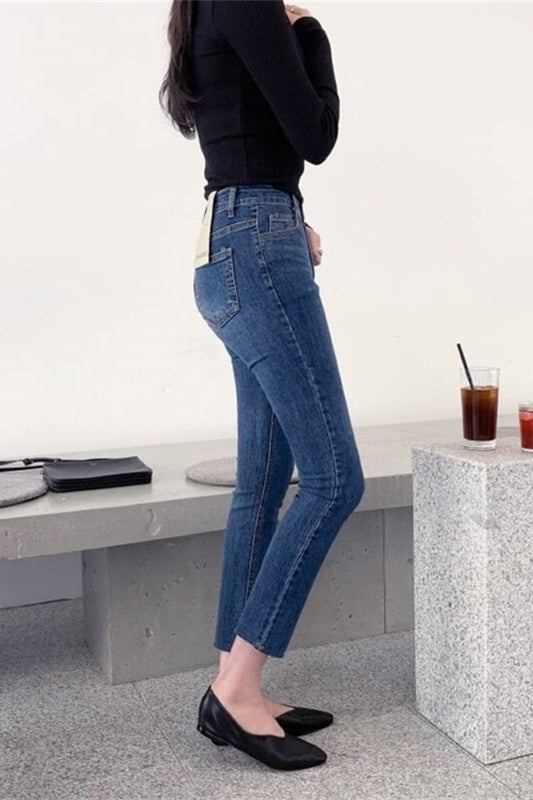 Women's Dark Blue Jeans Loose Korean Style Straight Cropped Cropped High-Waisted Velvet Pipe Trousers With Raw Edge Cropped Trousers