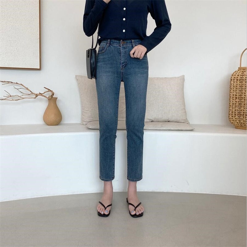 Women's Dark Blue Jeans Loose Korean Style Straight Cropped Cropped High-Waisted Velvet Pipe Trousers With Raw Edge Cropped Trousers