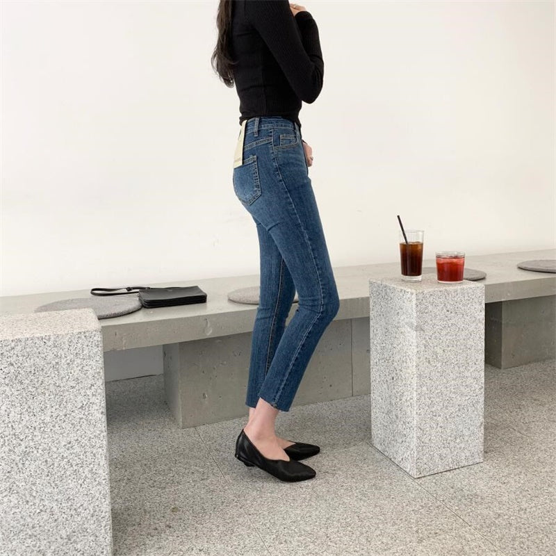 Women's Dark Blue Jeans Loose Korean Style Straight Cropped Cropped High-Waisted Velvet Pipe Trousers With Raw Edge Cropped Trousers