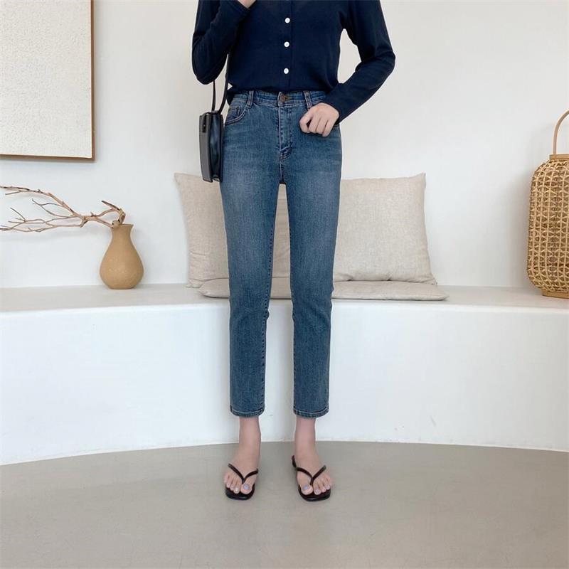Women's Dark Blue Jeans Loose Korean Style Straight Cropped Cropped High-Waisted Velvet Pipe Trousers With Raw Edge Cropped Trousers