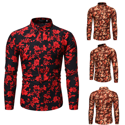 Men's Long Sleeve Printed Shirt Fashion Flower Shirt