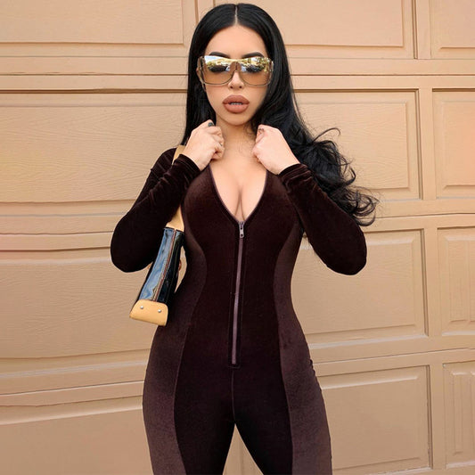 Jumpsuit Slim-Fit Long-Sleeved Zipper All-In-One Pants
