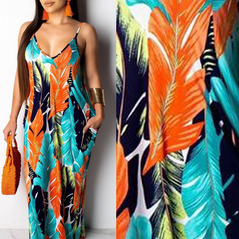 Spring Summer Hot Sale Dress Color Totem Printed Sleeveless Vest Long Skirt