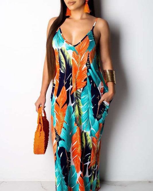 Spring Summer Hot Sale Dress Color Totem Printed Sleeveless Vest Long Skirt