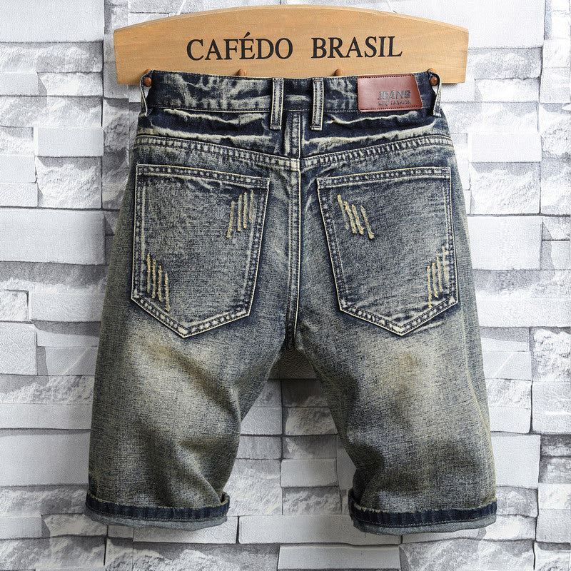 Summer Jeans Pants Men'S Personality Patch Retro Trendy Men'S Five-Point Pants Men'S Ripped Shorts