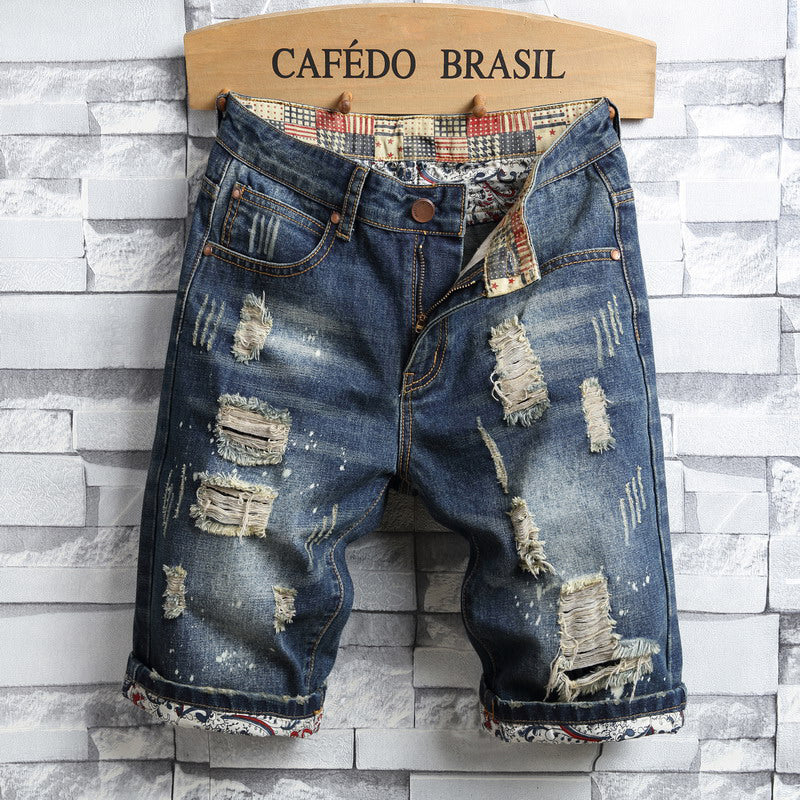 Summer Jeans Pants Men'S Personality Patch Retro Trendy Men'S Five-Point Pants Men'S Ripped Shorts