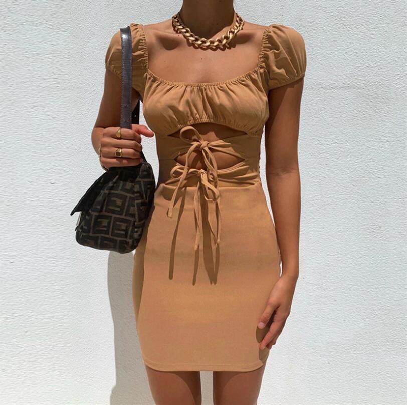 Summer New Women'S Short Sleeve Square Neck Sexy Low Cut Fashion Bandage Slim Dress
