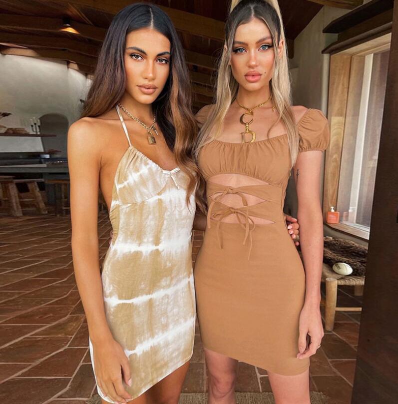 Summer New Women'S Short Sleeve Square Neck Sexy Low Cut Fashion Bandage Slim Dress