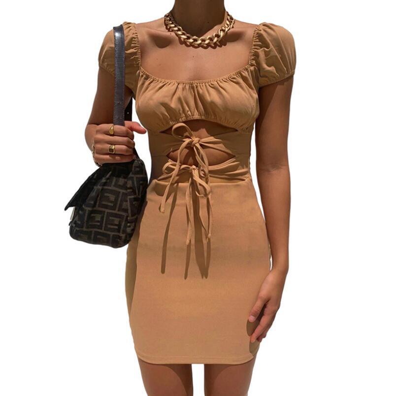 Summer New Women'S Short Sleeve Square Neck Sexy Low Cut Fashion Bandage Slim Dress
