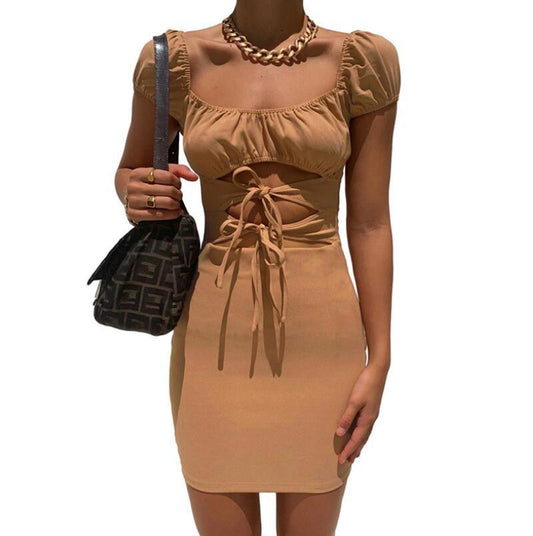 Summer New Women'S Short Sleeve Square Neck Sexy Low Cut Fashion Bandage Slim Dress