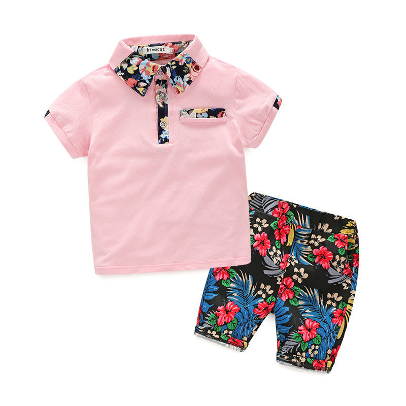 Spring New Children'S Wear Boys' Short Sleeve Shirt With Floral Print Pants Suit