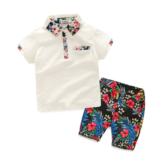 Spring New Children'S Wear Boys' Short Sleeve Shirt With Floral Print Pants Suit