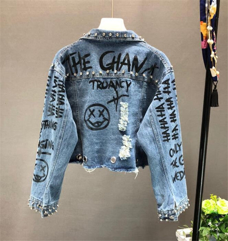 Fashion Diamond Beads Graffiti Printed Design Short Denim Jacket Coat Casual Women Cowboy Jeans. From luxurioutlet.com