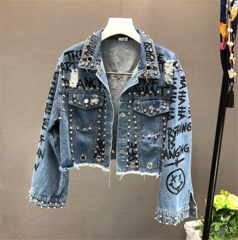 Fashion Diamond Beads Graffiti Printed Design Short Denim Jacket Coat Casual Women Cowboy Jeans. From luxurioutlet.com