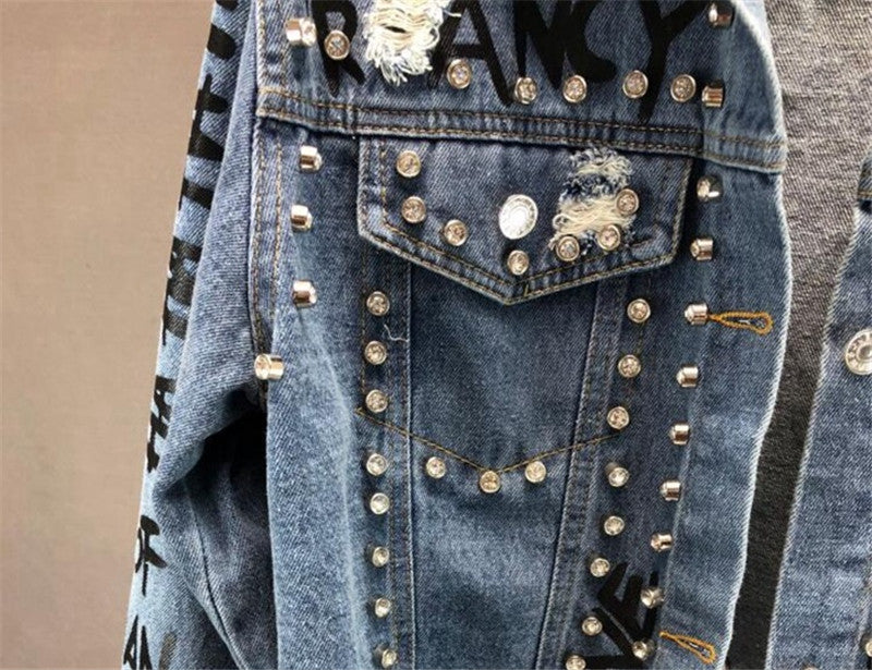 Fashion Diamond Beads Graffiti Printed Design Short Denim Jacket Coat Casual Women Cowboy Jeans. From luxurioutlet.com