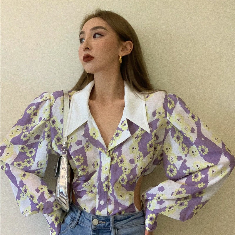 Shirt Women's Lapel Open Waist One-Piece Shirt Summer Long Sleeves