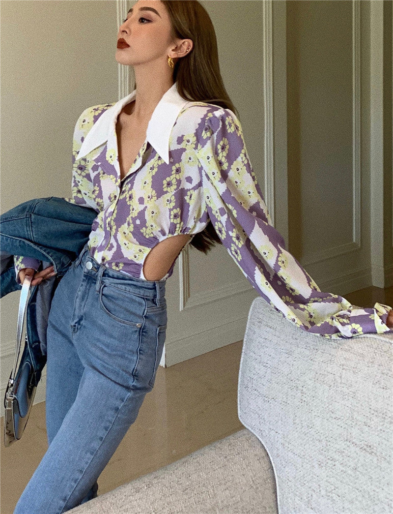 Shirt Women's Lapel Open Waist One-Piece Shirt Summer Long Sleeves