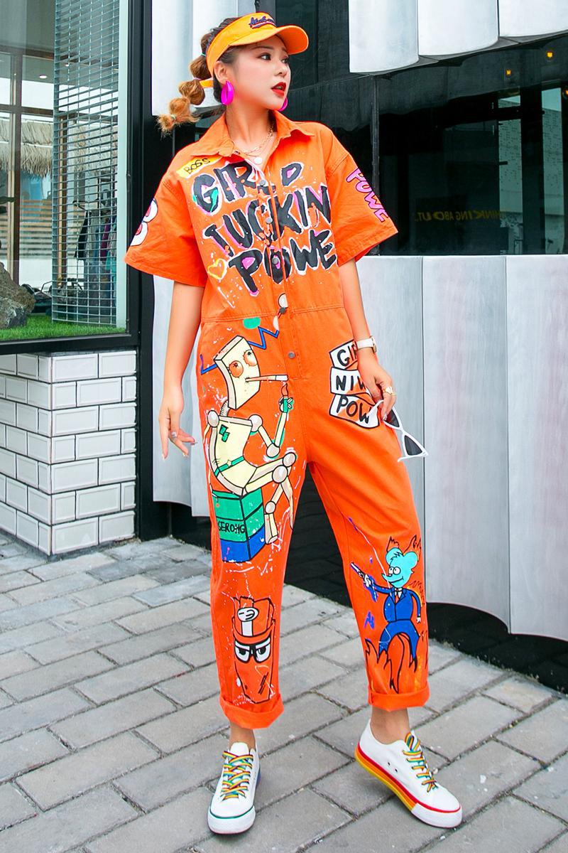 Thailand Fashion Brand Summer Graffiti Printing Large Size Jumpsuit Women's Slim Loose Jumpsuit Pants
