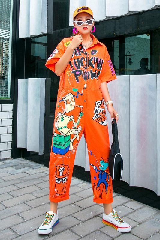 Thailand Fashion Brand Summer Graffiti Printing Large Size Jumpsuit Women's Slim Loose Jumpsuit Pants