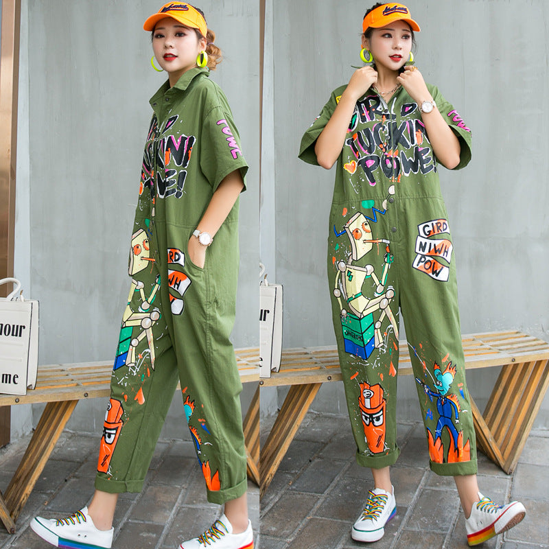 Thailand Fashion Brand Summer Graffiti Printing Large Size Jumpsuit Women's Slim Loose Jumpsuit Pants