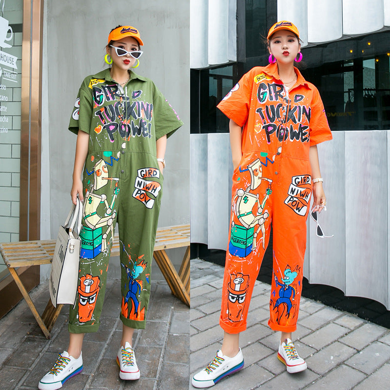 Thailand Fashion Brand Summer Graffiti Printing Large Size Jumpsuit Women's Slim Loose Jumpsuit Pants