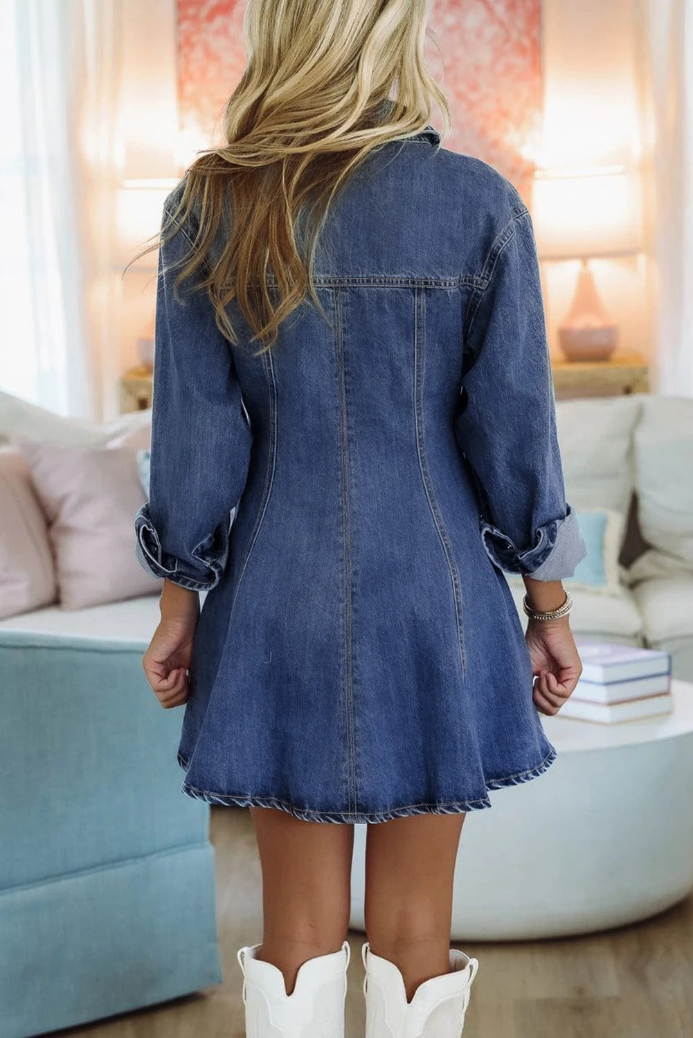 Ashleigh Blue Denim Shirt Collar Long Sleeve Flared Mini Dress