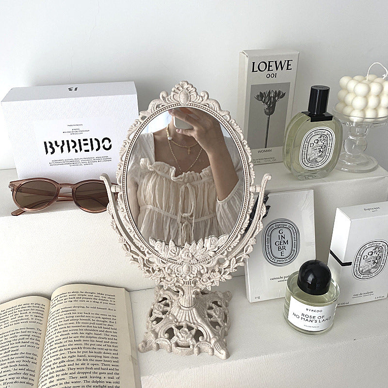 Korean Ins Nordic Retro Style Palace Carved Old Flip Mirror Homestay Dormitory Decoration Desktop Makeup Mirror