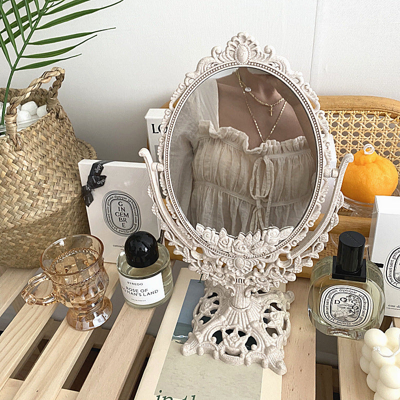 Korean Ins Nordic Retro Style Palace Carved Old Flip Mirror Homestay Dormitory Decoration Desktop Makeup Mirror