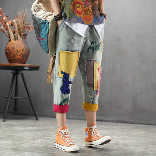 Summer Thin Light-colored Denim Cropped Trousers Patch