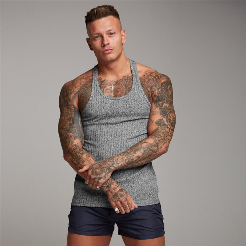 Summer Knitted Fitness Vest Men's Racer Back Slim Fit Vertical Striped Sleeveless T Shirt