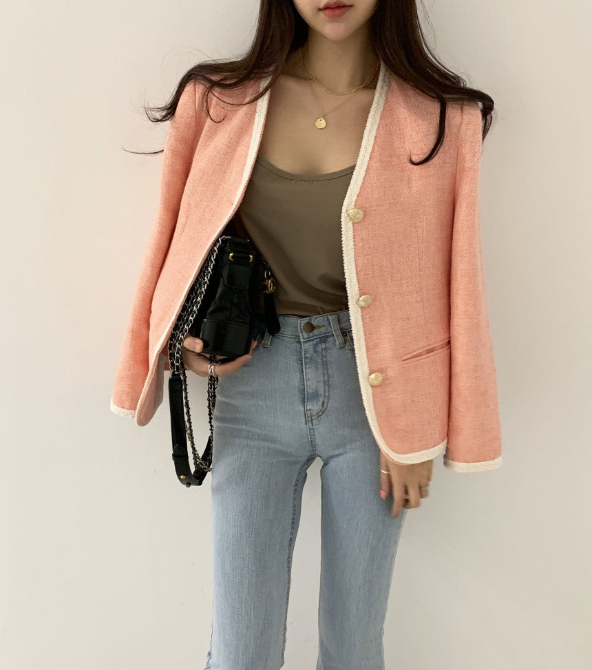 Women's Small V-Neck Single-Breasted Jacket With Contrasting Edges
