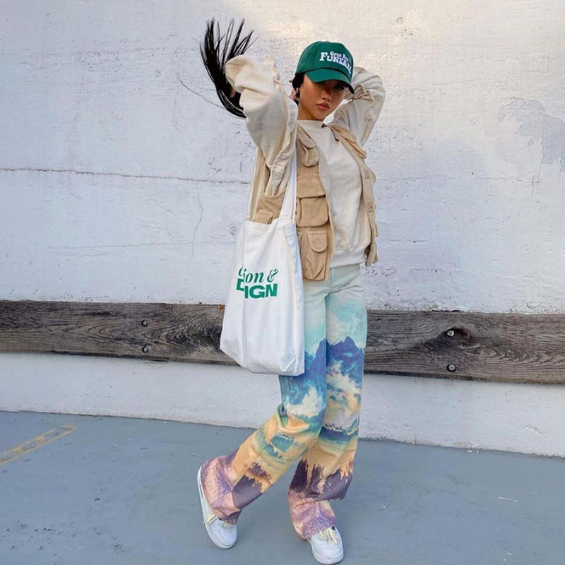 High Waist Straight Print Slim Street Trend All-match Casual Pants