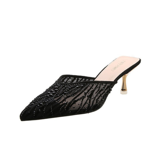 Baotou Net Yarn High-Heeled Half Slippers Female