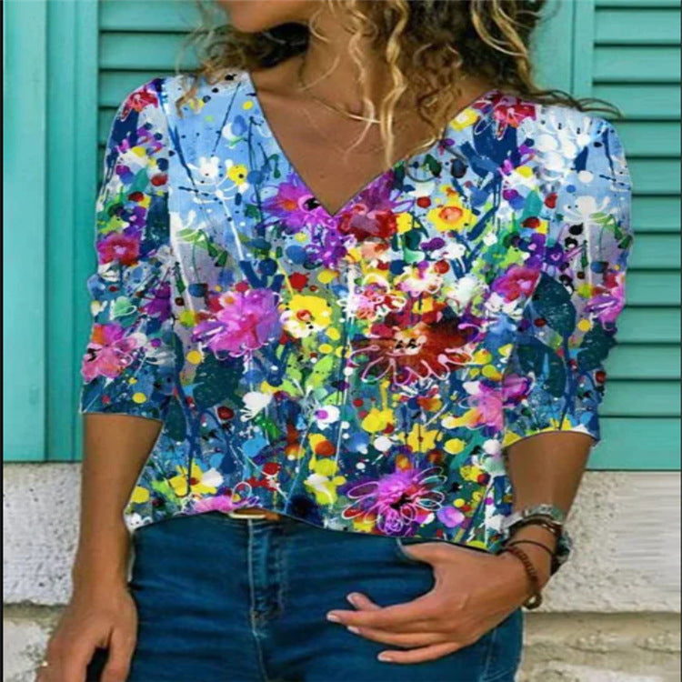 Floral Print V-neck Pullover Long-sleeved Women's Clothing