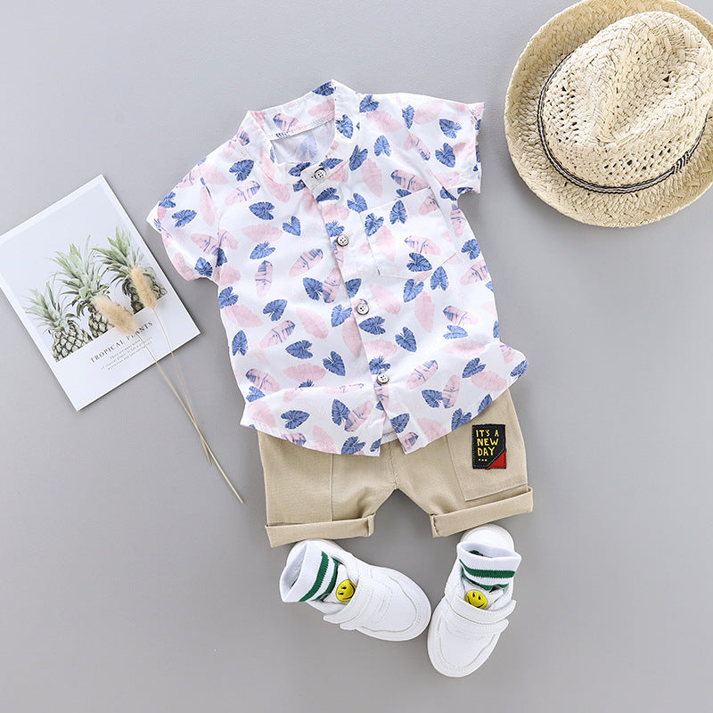 Summer New Style Boys Floral Shirt Shorts Suit Korean Foreign Trade Fashion Western Style Wild Two-piece Tide