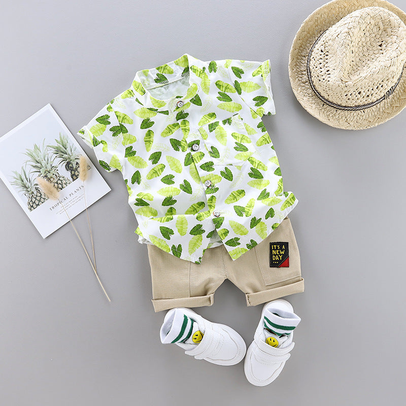 Summer New Style Boys Floral Shirt Shorts Suit Korean Foreign Trade Fashion Western Style Wild Two-piece Tide