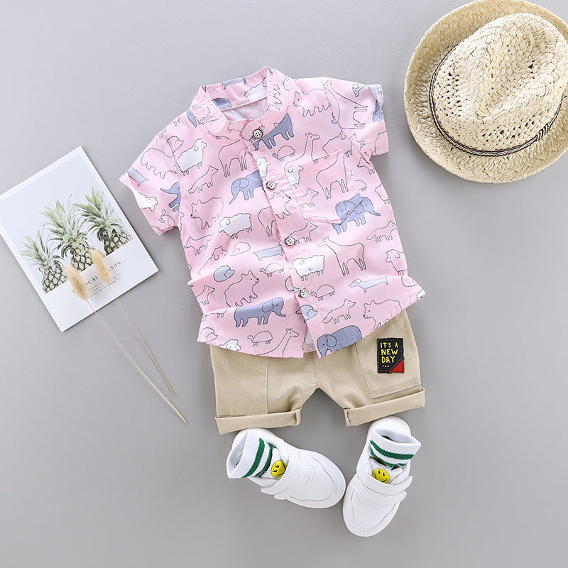 Summer New Style Boys Floral Shirt Shorts Suit Korean Foreign Trade Fashion Western Style Wild Two-piece Tide