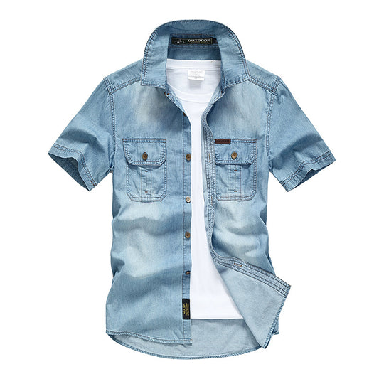 Summer Men's Tooling Short-sleeved Shirt Denim Shirt