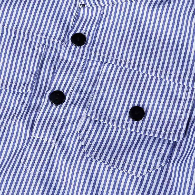 Handsome boy's blue stripe shirt and jeans trousers suit