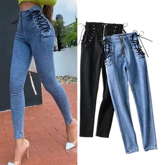 High waist stretch denim trousers skinny pants