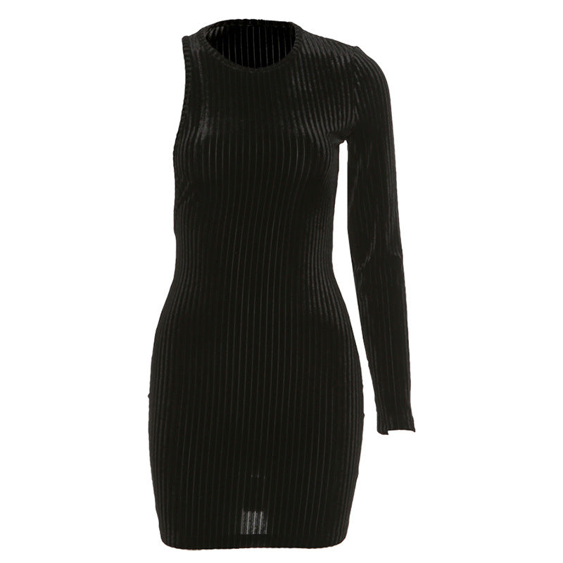Women's Sexy Hollow One-shoulder Long-sleeved Bag Hip Fashion Slim Fit Dress