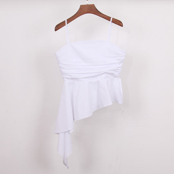 2021 summer new irregular self-cultivation folds hem ruffle side zipper slim temperament backless sling top