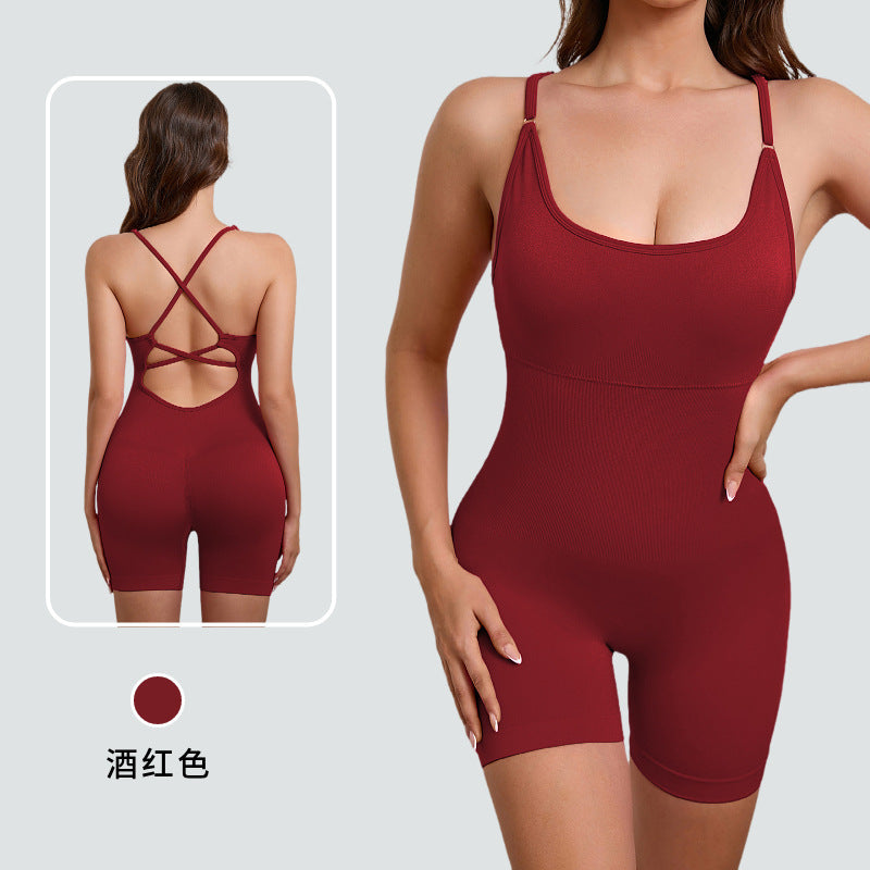 Seamless Sports Jumpsuit With Cross Exposed Back, Quick Drying, Sexy Suspender, Fitness Outerwear, Yoga Suit