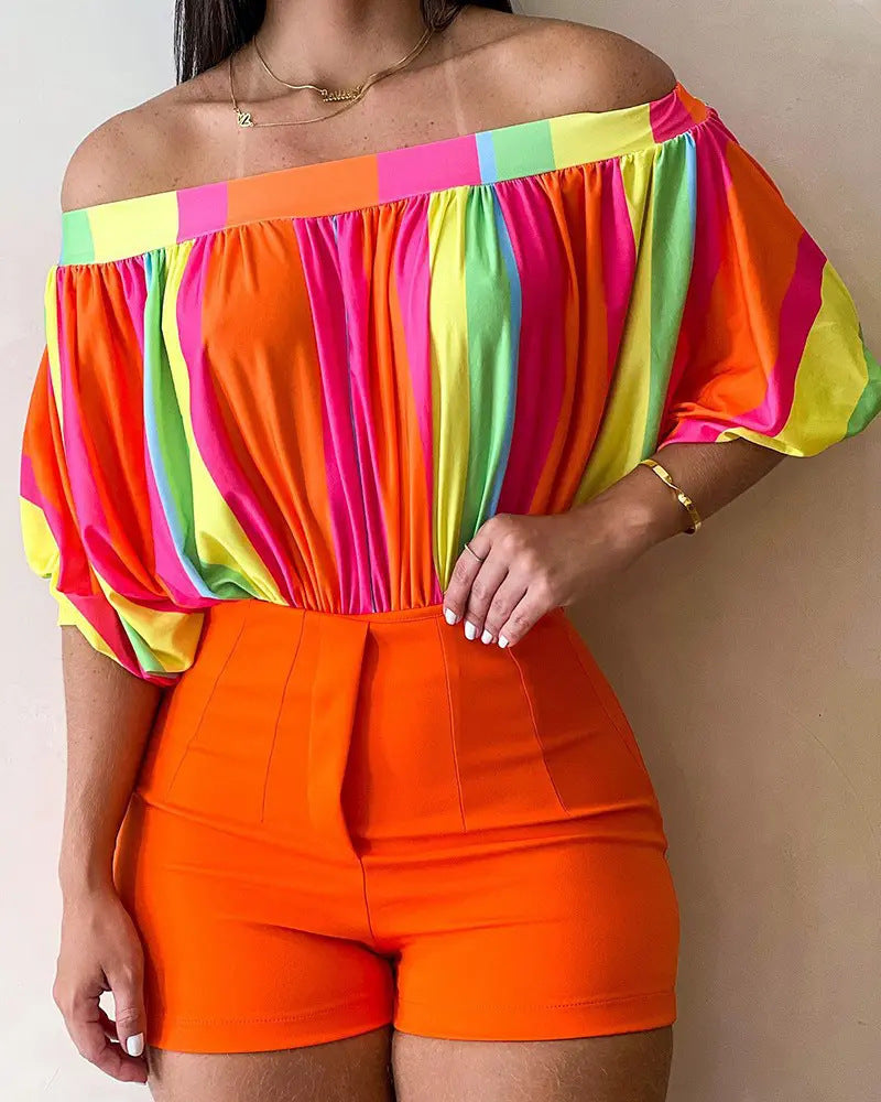 Women's Fashionable Elegant Floral Printed Top And Shorts Suit