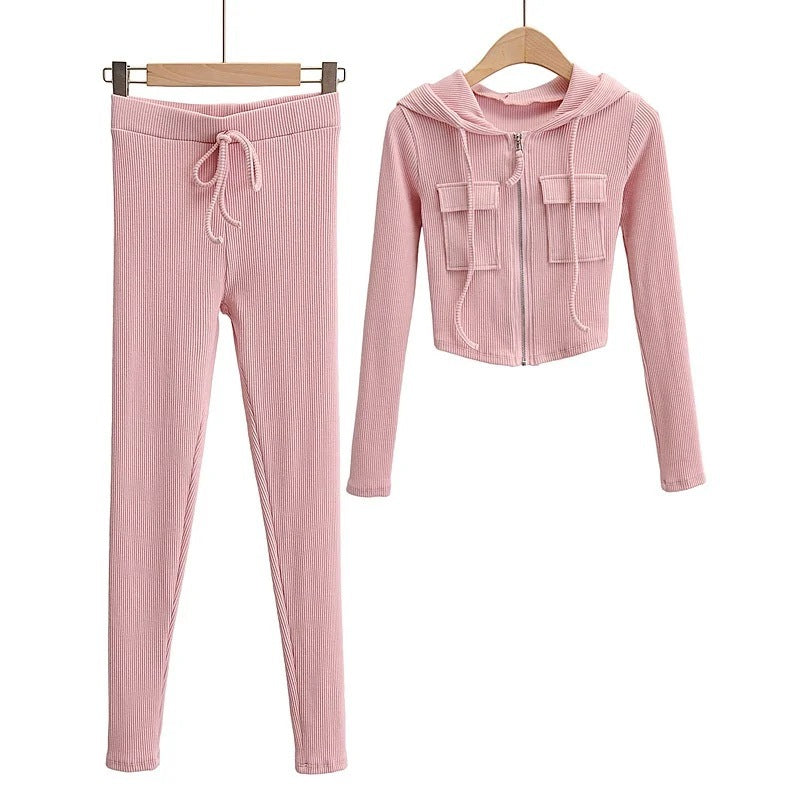 Zip Pocket Hooded Top Stretch Pants Knit Suit