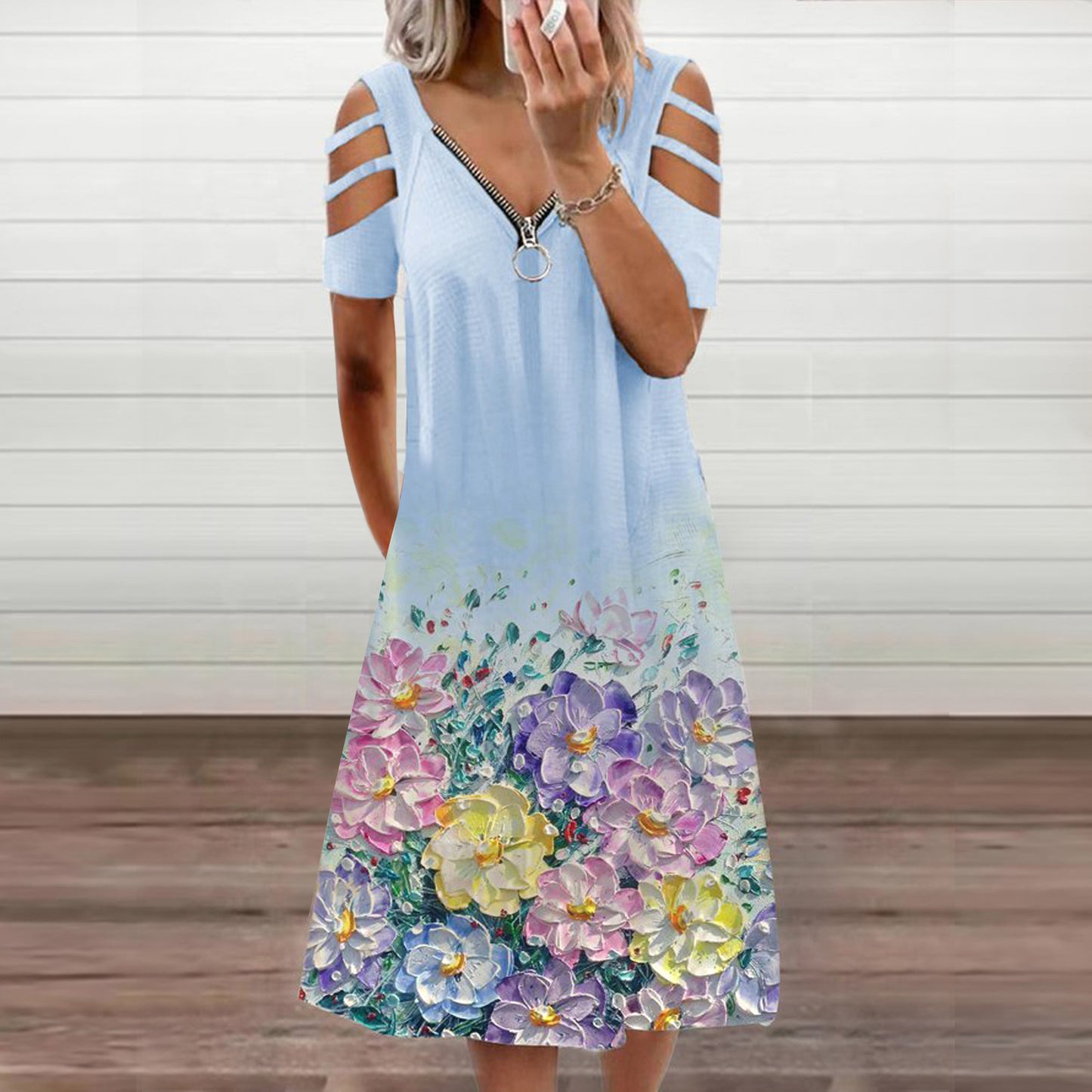 Short Sleeve Zipper V-neck Dress