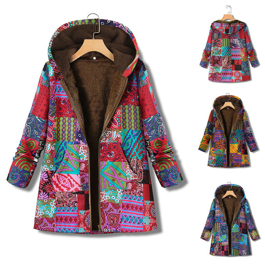 Printed cotton linen Hooded Coat zipper