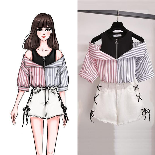 Stitching striped short-sleeved shirt fake two-piece off-shoulder blouse women's two-piece jeans
