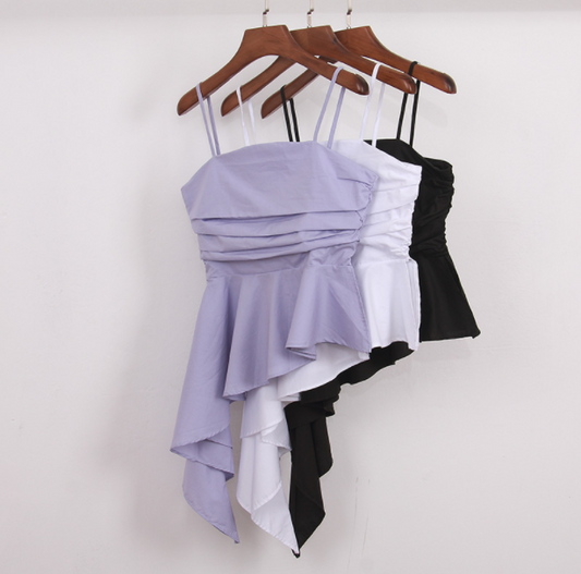 2021 summer new irregular self-cultivation folds hem ruffle side zipper slim temperament backless sling top