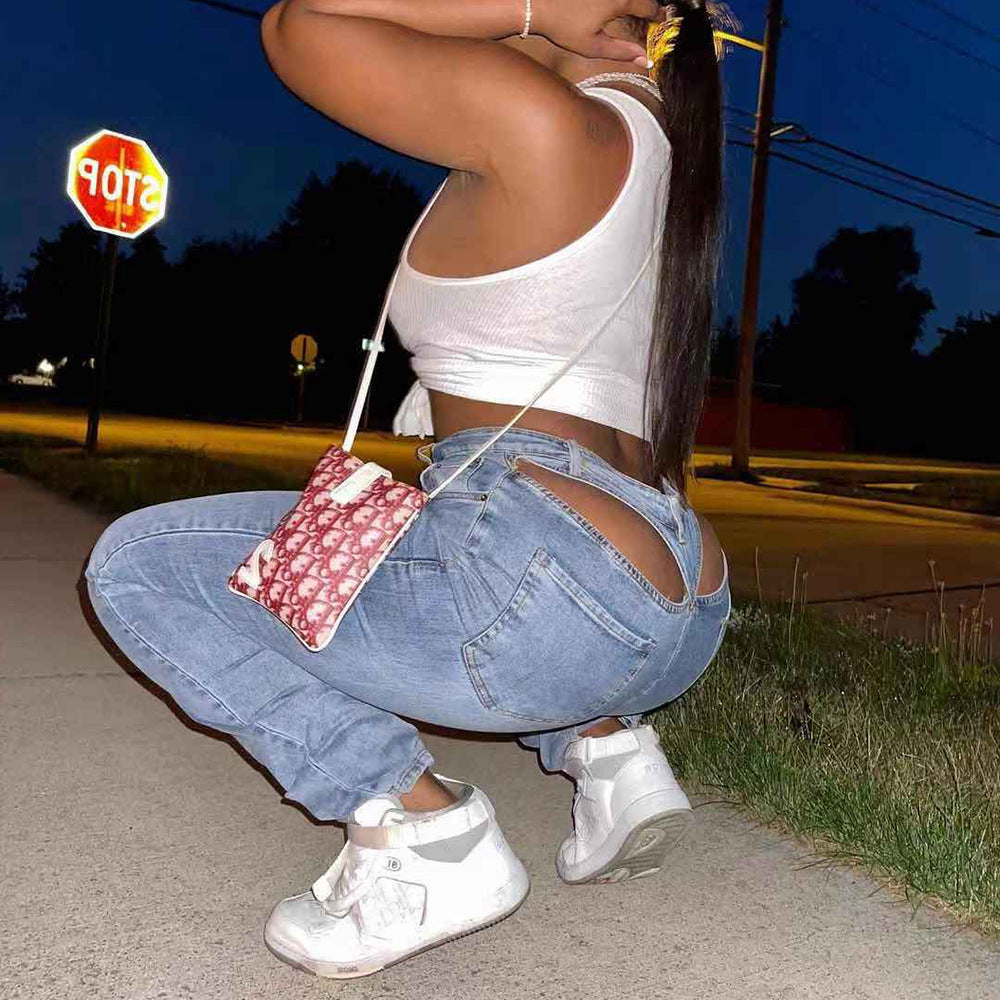 Women's High-waisted Denim Washed Hollow Stretch Leggings